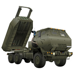 M142 High Mobility Artillery Rocket System HIMARS. Tactical truck. Colorful 3D illustration on a white background.