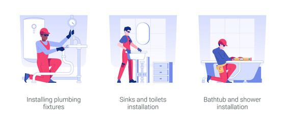 Plumbing services isolated concept vector illustration set. Installing plumbing fixtures, sinks and toilets, bathtub and shower installation in a new apartment, interior works vector cartoon.