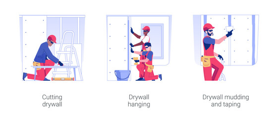 Drywalling service isolated concept vector illustration set. Cutting and hanging drywall, mudding and taping tool and equipment, construction services, private house building vector cartoon. - obrazy, fototapety, plakaty