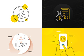 Minimal set of Approved, Finance calculator and Smartphone holding line icons. Phone screen, Quote banners. Chemistry lab icons. For web development. Verified symbol, Calculate money, Phone. Vector