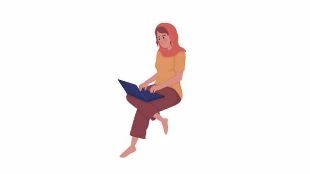 Animated remote programmer character. Full body flat person 4k video footage with alpha channel. Woman working on laptop color cartoon style illustration for motion graphic design and animation
