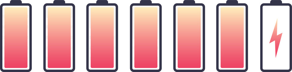 Vector battery symbol set different level of charge for ui energy symbol mobile phone, battery charge signs. Car battery indicator. Accumulator battery, wireless charging energy icons. 10 eps