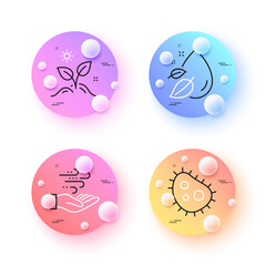 Wind energy, Water drop and Bacteria minimal line icons. 3d spheres or balls buttons. Grow plant icons. For web, application, printing. Breeze power, Serum oil, Antibacterial. Leaves. Vector