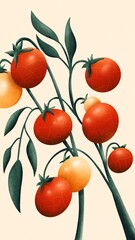Red and yellow ripe cherry tomatoes on a green branch. Illustration isolated on yellow background.