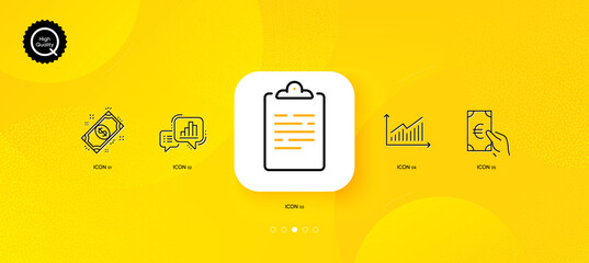 Fototapeta na wymiar Graph chart, Graph and Clipboard minimal line icons. Yellow abstract background. Payment, Finance icons. For web, application, printing. Growth report, Presentation diagram, Survey document. Vector