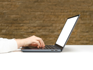 Working From Cafe Mockup, Hands on Laptop, Blank Paper Coffee Cup, Remote Work Concept