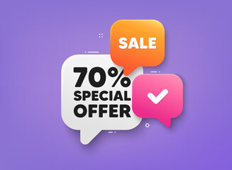 70 percent discount offer tag. 3d bubble chat banner. Discount offer coupon. Sale price promo sign. Special offer symbol. Discount adhesive tag. Promo banner. Vector