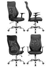 Black chrome office chair with mesh back. Isolated from the background. View from different sides