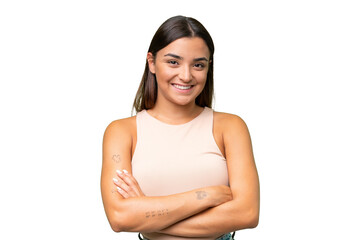 Young caucasian woman keeping the arms crossed in frontal position