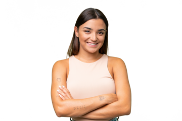 Young caucasian woman keeping the arms crossed in frontal position
