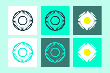Set of vector flowers, blue and black outlined and white yellow daisies.