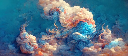 Sunset dusk fantasy of surreal cumulus storm clouds - golden hour grandiose fiery crimson red and sky blue colors. Bold dramatic digital oil impasto painting cloudscape with dark gothic undertone. 