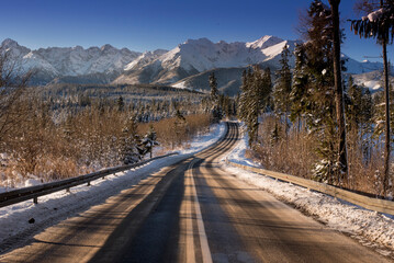 The road to the Tatra Mountains, winter, snow, frost. Panorama of winter mountains, Glade...