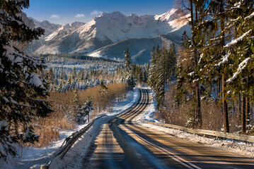 The road to the Tatra Mountains, winter, snow, frost. Panorama of winter mountains, Glade...