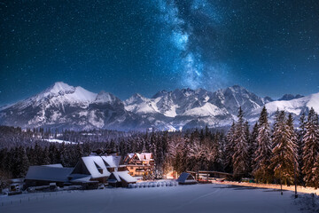 The Milky Way over the Tatras. Winter, mountain panorama, night. Poland, Zgorzelisko...