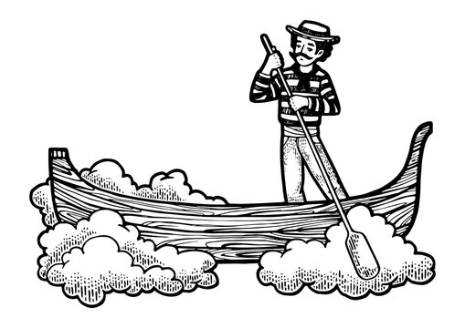 gondolier rowing boat in clouds, black and white clip art preview