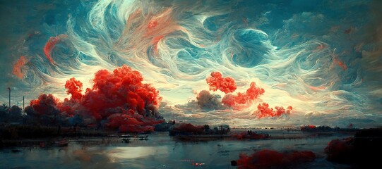 Naklejka na ściany i meble Sunset dusk fantasy of surreal cumulus storm clouds - golden hour grandiose fiery crimson red and sky blue colors. Bold dramatic digital oil impasto painting cloudscape with dark gothic undertone. 