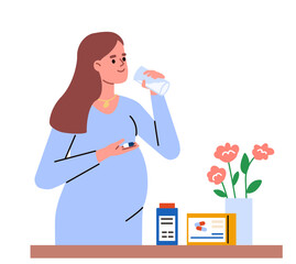 Plakat Pregnant girl taking vitamins. Future mom taking care of her health. Pregnancy. Flat vector illustration. 