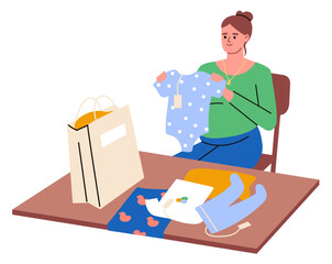 Pregnant girl buying clothes for the baby. Future mom preparing for the birth of child. Pregnancy. Flat vector illustration.