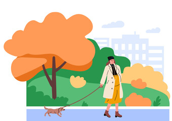 Pregnant girl walking in the park with a dog. Third trimester. Pregnancy. Flat vector illustration.
