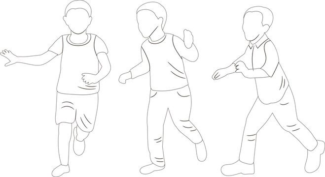 Running Kids Sketch ,outline On White Background Isolated Vector