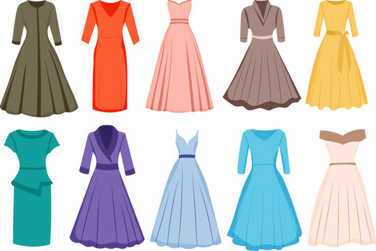 set of dress fashionable, female in flat style, isolated vector
