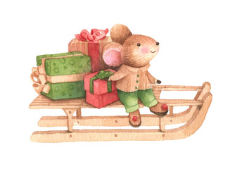 Cute little mouse with a gift, a Christmas story. Watercolor illustration hand drawn on a white background. Image for New Year card, poster, children's design.