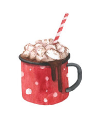 Cocoa with marshmallows, a festive drink in a red mug. Watercolor illustration hand drawn on a white background. Image for postcard, sticker, Christmas decor.