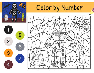 Halloween color by number game for kids with a skeleton. Spooky coloring page. Printable worksheet with solution for school and preschool. Vector illustration