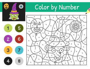 Halloween color by number game with a funny witch. Spooky coloring page for kids. Printable worksheet with solution for school and preschool. Vector illustration
