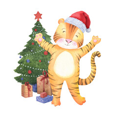 Cute tiger in a hat. New Year card with a Christmas tree and gifts. Christmas image for congratulations. Hand drawn watercolor illustration on a white background.