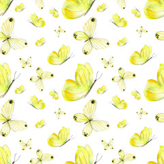 Watercolor seamless pattern of yellow butterflies on a white background, watercolor illustration. Ideas for backgrounds, prints, fabrics, papers, etc.