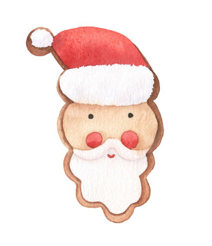 Cute santa claus, christmas cookies. Watercolor illustration hand drawn on a white background. Image for New Year's card, festive decor.