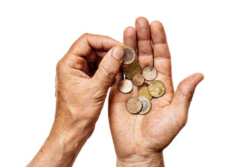 Male hands hold alms or last money, counting euro coins isolated on white background