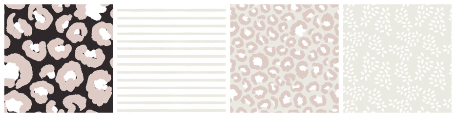 Chic animal seamless pattern set in soft pink, khaki beige, white and black colors. Feminine cheetah fur spots bedding textile fabric print. © Letters Patterns etc