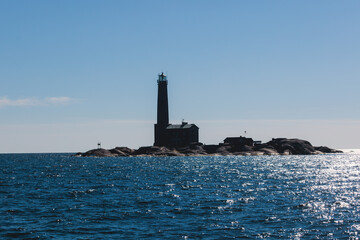 Bengtskär Lighthouse, summer view of Bengtskar island in Archipelago Sea, Finland, Kimitoön, Gulf of Finland sunny day