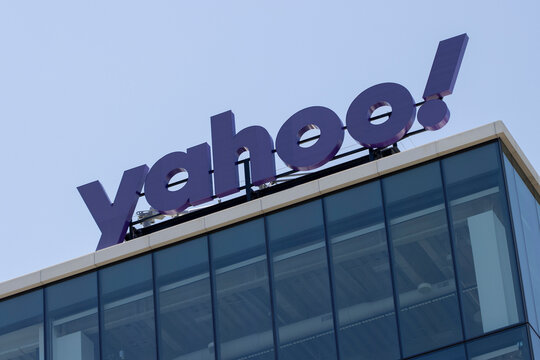 San Jose, CA, USA - Apr 30, 2022: Closeup of the Yahoo logo seen at its headquarters in San Jose, California. Yahoo is a global media and technology company.