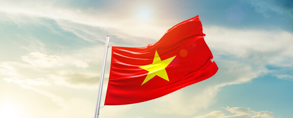 Vietnam national flag cloth fabric waving on the sky - Image