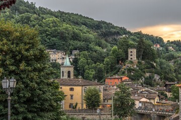 Panoramic view of the village of Fiumalbo at sunset - Modena - Italy - 531741101