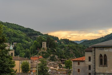 Fototapeta na wymiar Panoramic view of the village of Fiumalbo at sunset - Modena - Italy