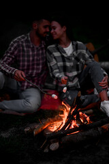 Fototapeta na wymiar Young couple in love roasting marshmallows on campfire on nature.