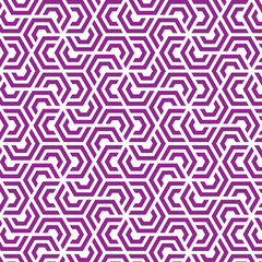 Rotation of maze hexagon pattern on white background. Colorful abstract art. Purple stripe hexagon on white backdrop.
