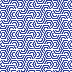 Rotation of maze hexagon pattern on white background. Colorful abstract art. Blue stripe hexagon on white backdrop.