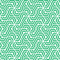 Rotation of maze hexagon pattern on white background. Colorful abstract art. Green stripe hexagon on white backdrop.