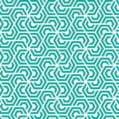 Rotation of maze hexagon pattern on white background. Colorful abstract art. Blue stripe hexagon on white backdrop.