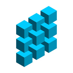 Impossible cubes arrangement. Blue cubic abstract shape. Optical illusion. Visual mind trick. Penrose Esher geometric object. Cube in a cube. Rectangular design element. Vector illustration, clip art