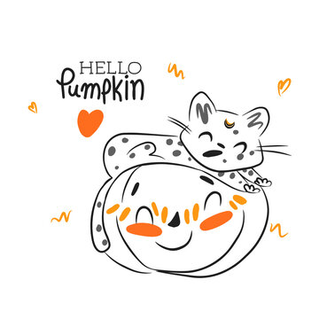 Hello pumpkin, handwritten quotes, cute illustration with funny pumpkin and kitten