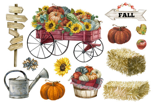 Set of autumn farm elements and products isolated on white background.Hand-drawn farmhouse collection. Watercolor collection of pumpkin,sunflower, rustic wheelbarrow, signpost,hay, basket,watering can