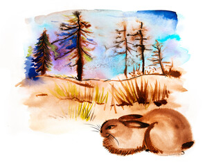 nice landscape with little rabbit - illustraion hand paited on a paper