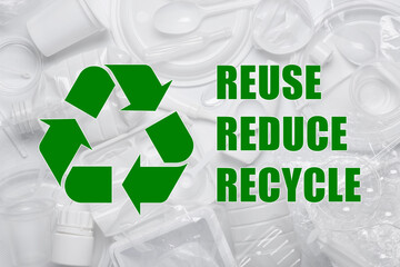 Single use plastic products with recycling symbol and reuse reduce recycle text